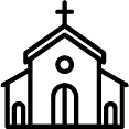 Black church icon featuring a prominent cross atop its structure, symbolizing faith and spirituality.