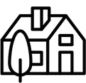 A black house stands prominently with a tree in the background, creating a serene and picturesque scene.