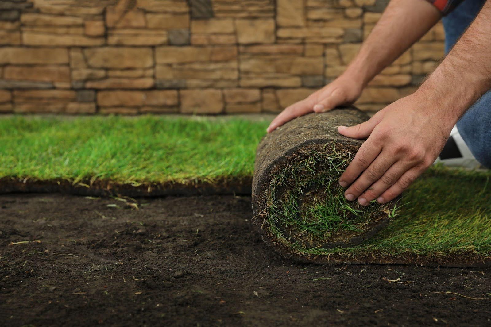 A man is positioned on the ground laying down a section of grass as part of a landscaping project