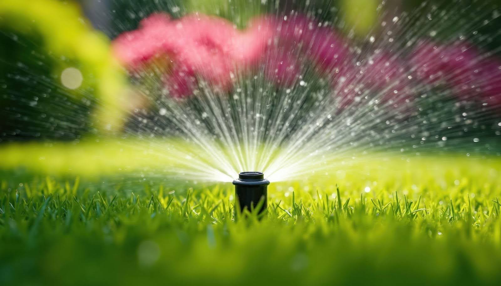 A sprinkler sprays water over a lush green lawn creating a refreshing scene on a sunny day
