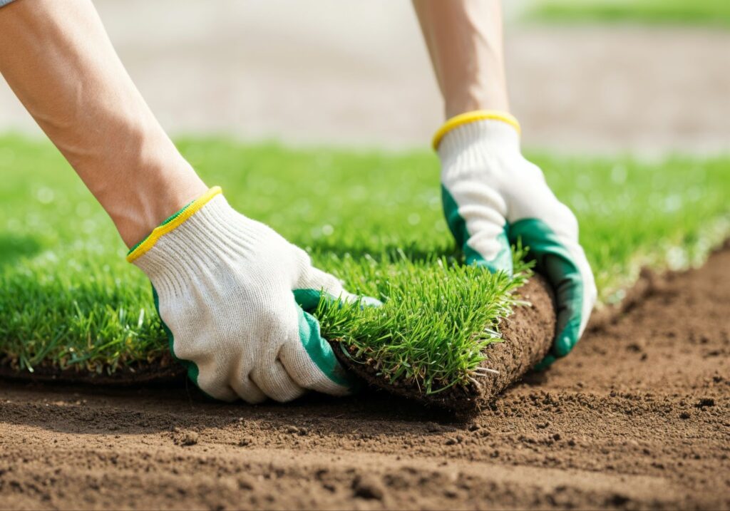 Person wearing gloves placing sod on prepared soil.