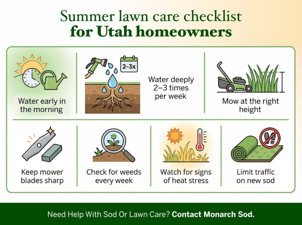 A checklist for Utah homeowners outlining summer lawn care tasks to ensure optimal lawn health and maintenance