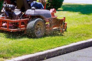 A man is mowing a green lawn with a push mower on a sunny day