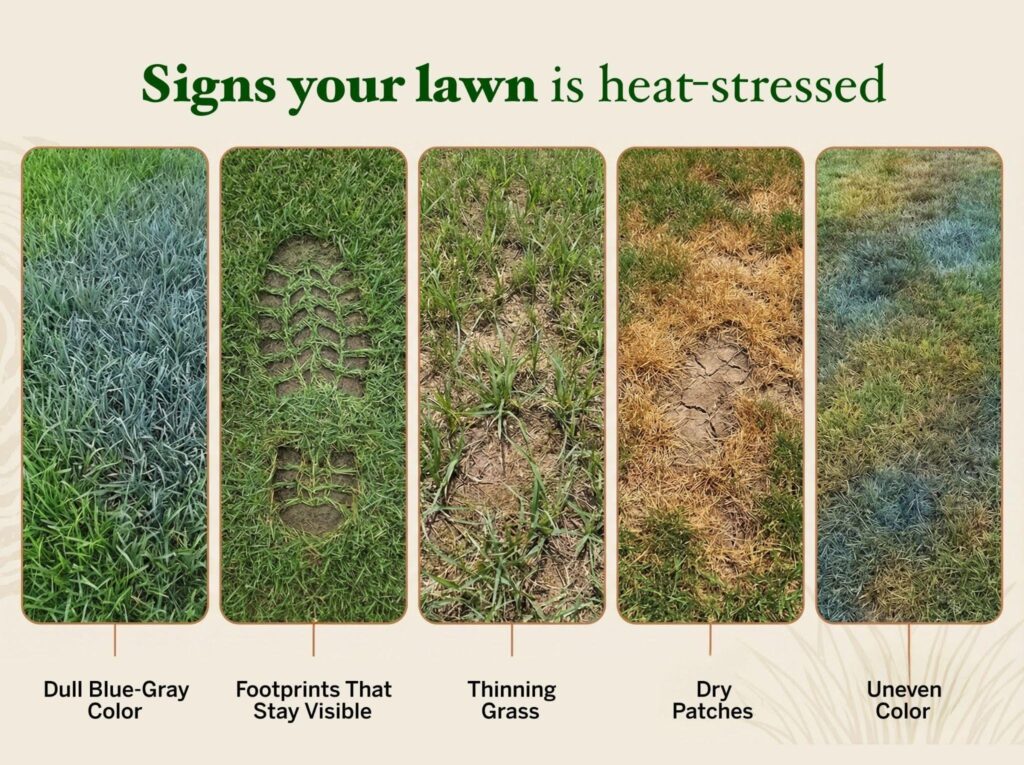 Lawn showing signs of heat stress with yellowing grass and dry patches throughout the yard