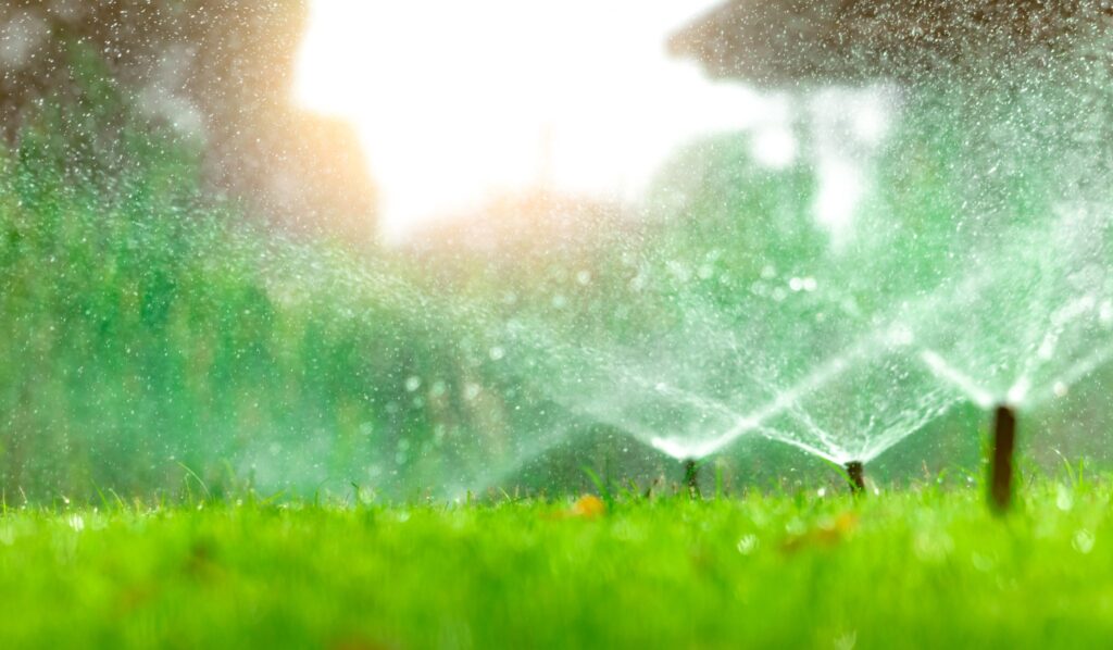 An automatic lawn sprinkler system spraying a fine mist of water across a vibrant green lawn on a sunny day.