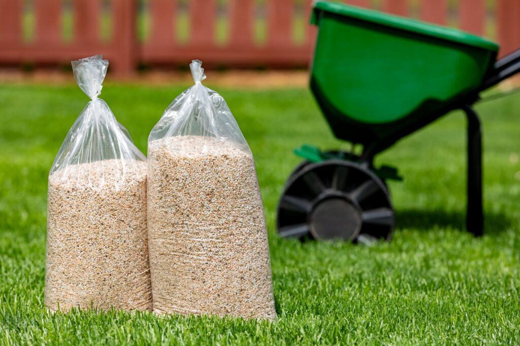 Two clear plastic bags filled with lawn fertilizer granules sitting on a green lawn next to a green walk-behind spreader.