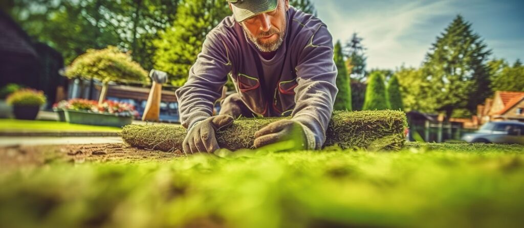 A man carefully placing a piece of grass on the ground.