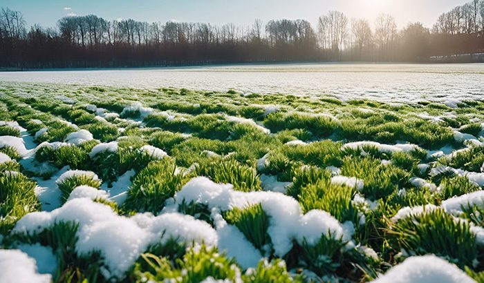 A snowy field of grass, blanketed in white, creating a serene winter landscape.