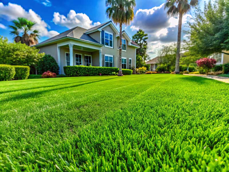 A lush grassy lawn featuring tall grasses and trees, showcasing the beauty of Monarch Sod in a serene outdoor setting.