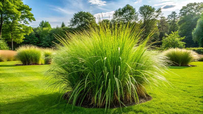 A lush grassy lawn featuring tall grasses and trees, showcasing the beauty of Monarch Sod in a serene outdoor setting.