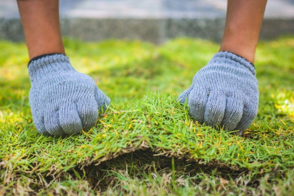 A person wearing gloves and mittens sits on the grass, enjoying a sunny day outdoors
