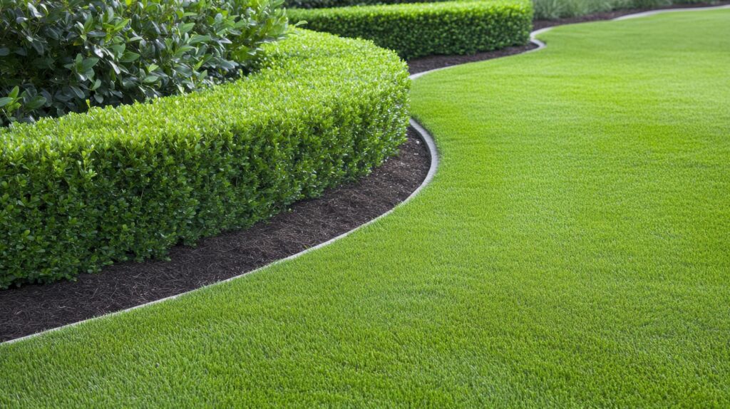 Pristine lawn and neatly trimmed hedges in a modern garden landscape design.