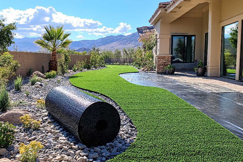 A modern backyard with artificial grass installation in progress, featuring a roll of synthetic turf, desert landscaping, and a view of mountains under a sunny sky.
