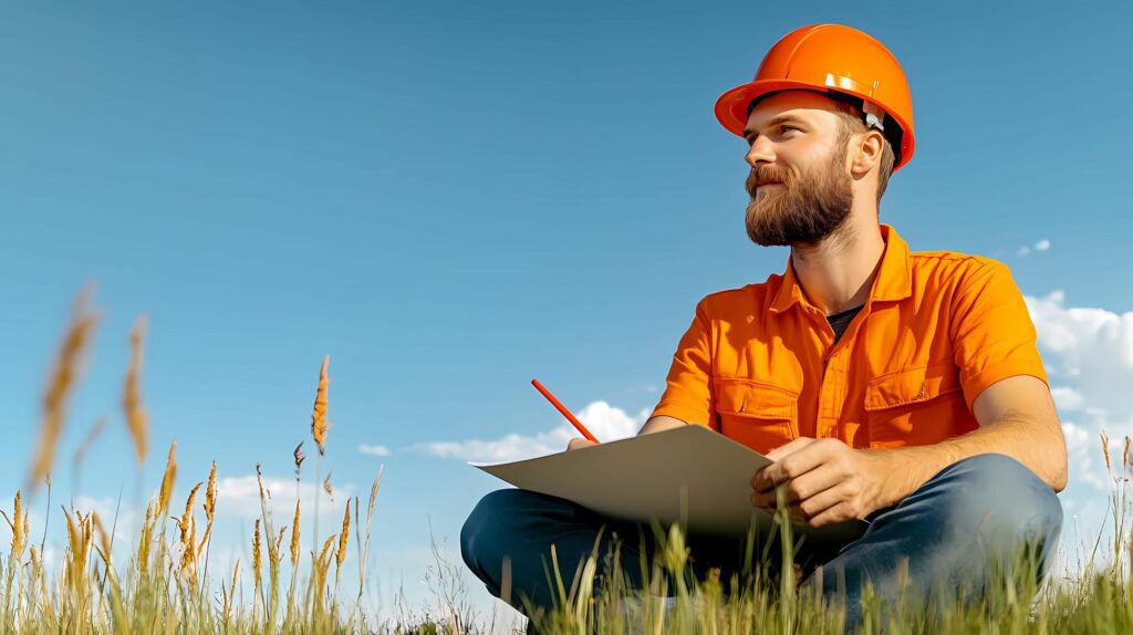 A bearded man in an orange hard hat and shirt sits cross-legged in tall grass under a clear blue sky, holding a clipboard and a red pencil, looking thoughtfully to the left.