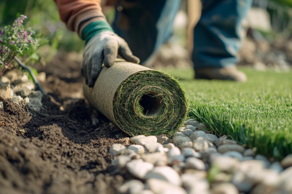 Laying fresh sod on a garden area with stepping stones during daylight hours