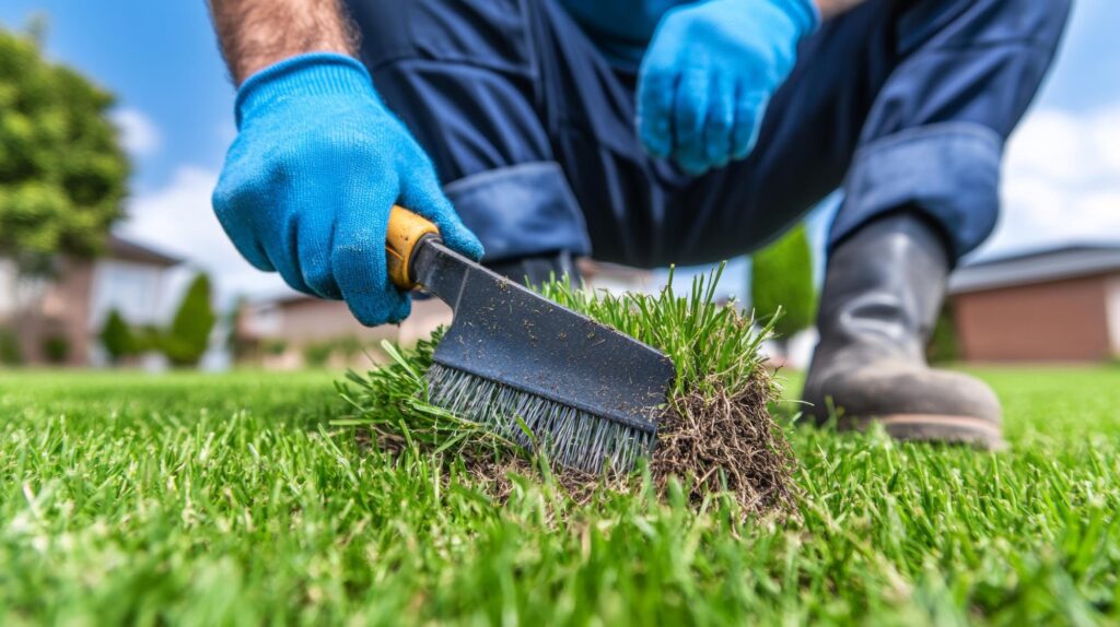 Close-up of a person wearing blue gloves and dark trousers, kneeling on a lawn and using a specialized tool to secure artificial grass