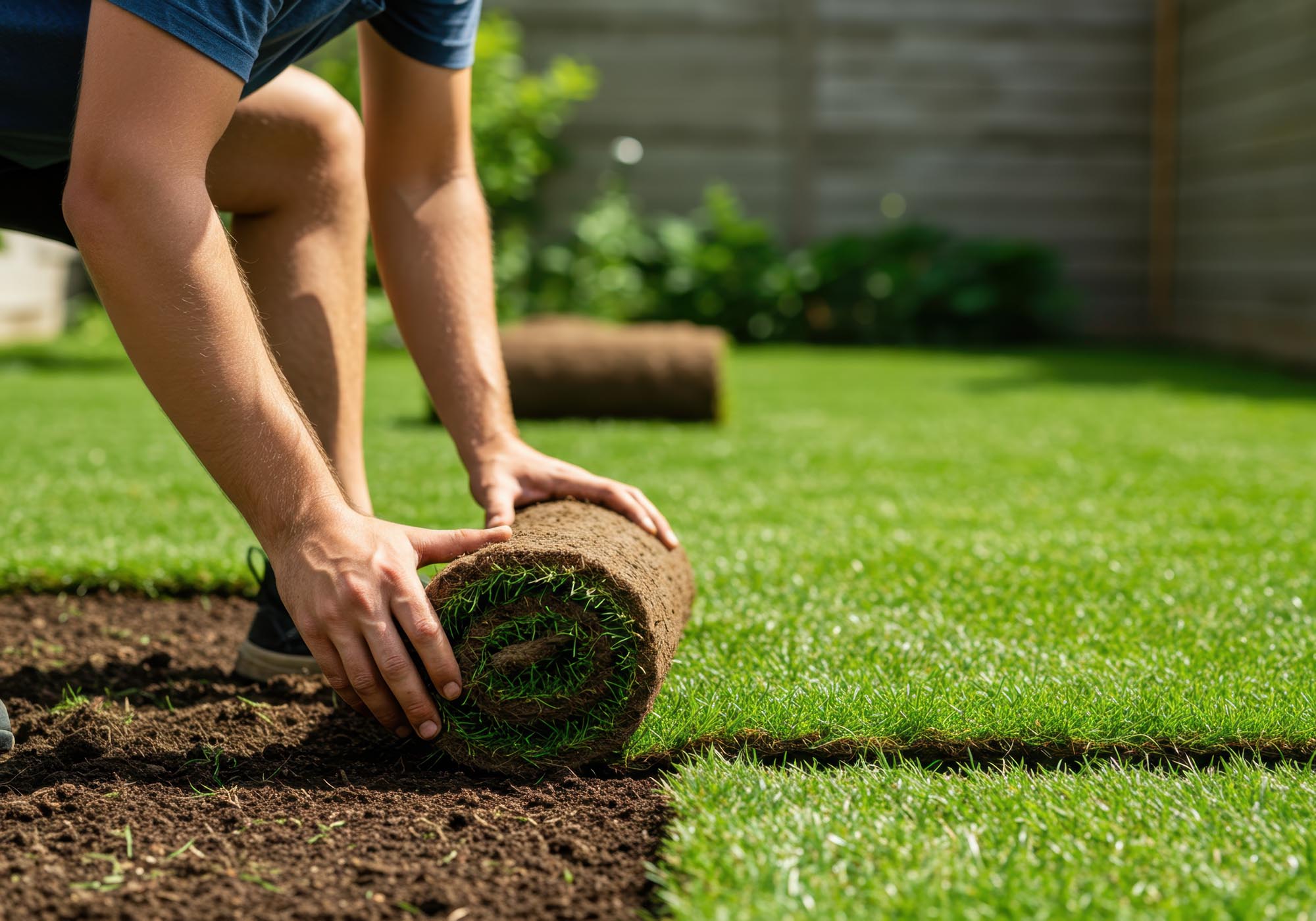 Gardener laying fresh sod in backyard for lush green lawn installation.