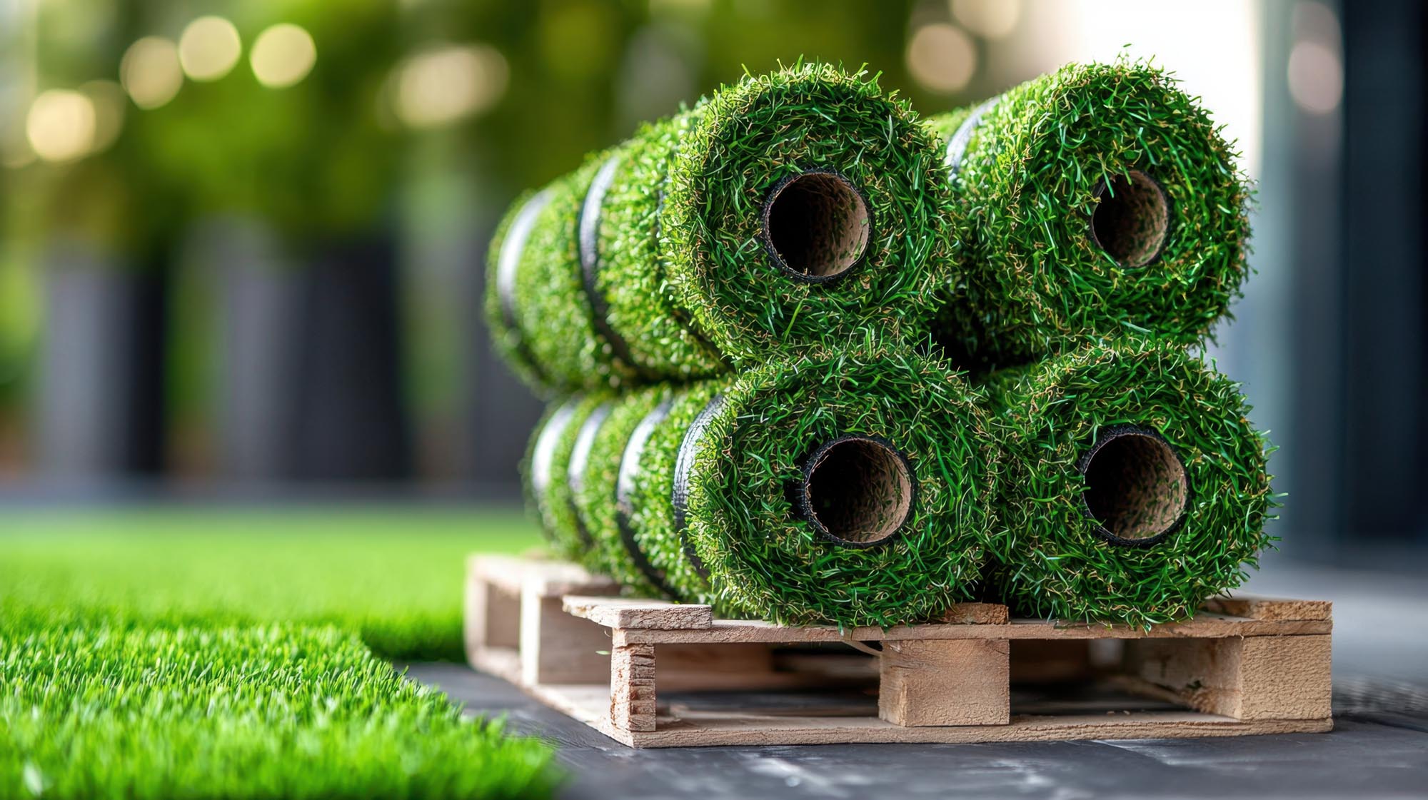 Stacked rolls of artificial grass turf sit on a wooden pallet, ready for landscaping installation.