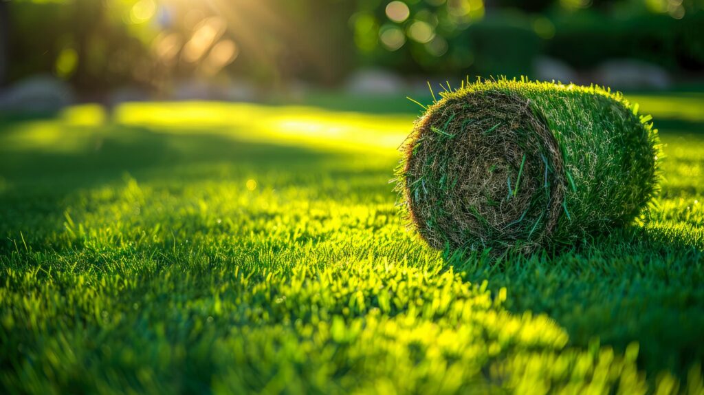 Fresh roll of lawn grass is neatly placed on perfectly manicured green lawn under bright summer sun, creating play of texture, shades of green. Advertising of manufacturer of rolled grass.