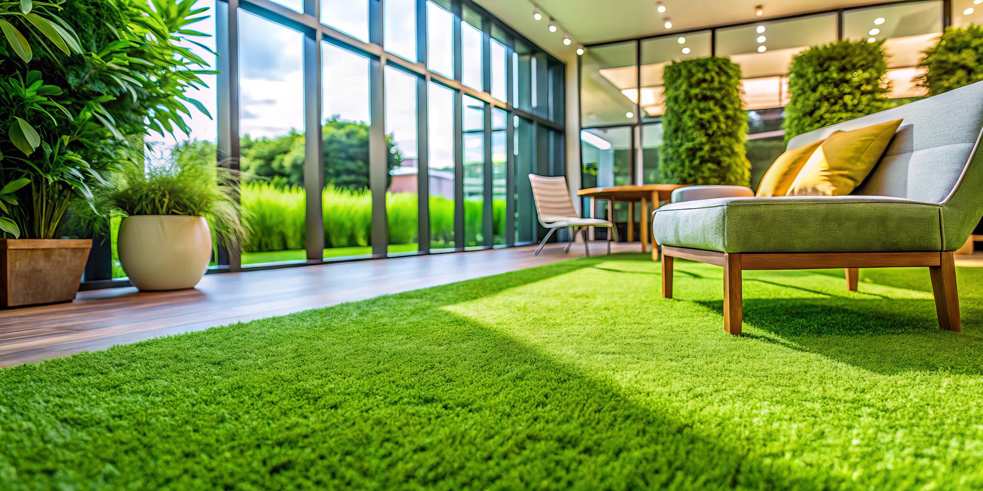 Vibrant green grass bordering a plush, soft-focused carpet, blurring the lines between indoor and outdoor spaces, creating a tranquil and serene atmosphere.