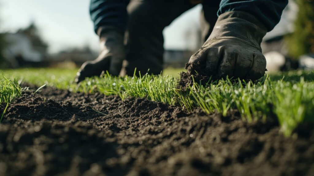 Close-up of gloved hands planting grass in soil with a blurred outdoor background.