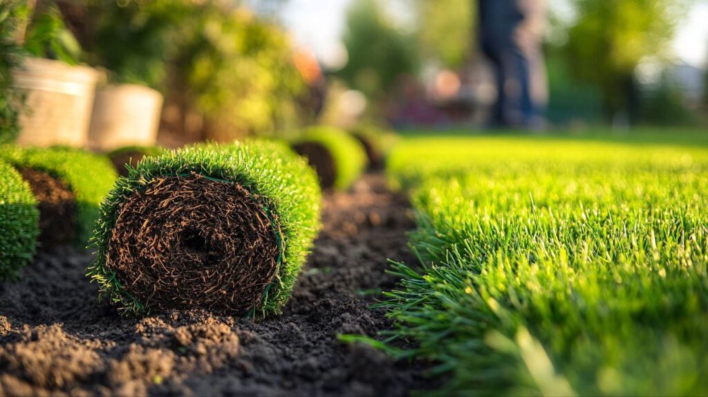 Close-up of rolled sod grass next to a freshly laid lawn with a blurred garden background.