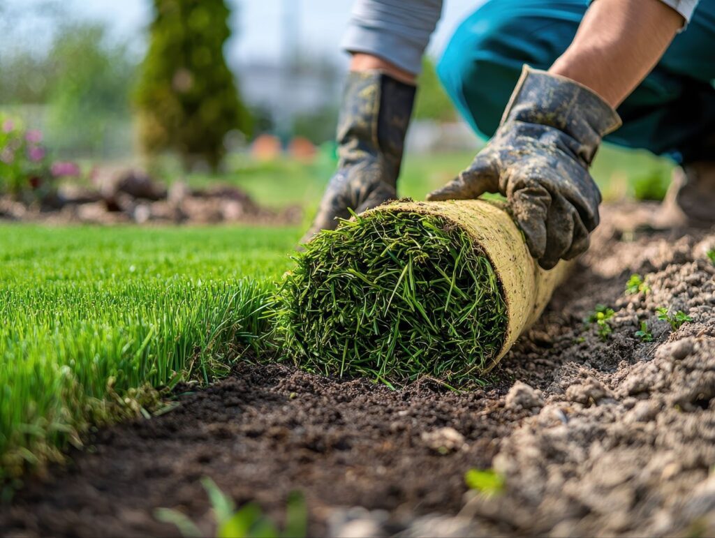 A person laying sod on a prepared soil area in a garden.