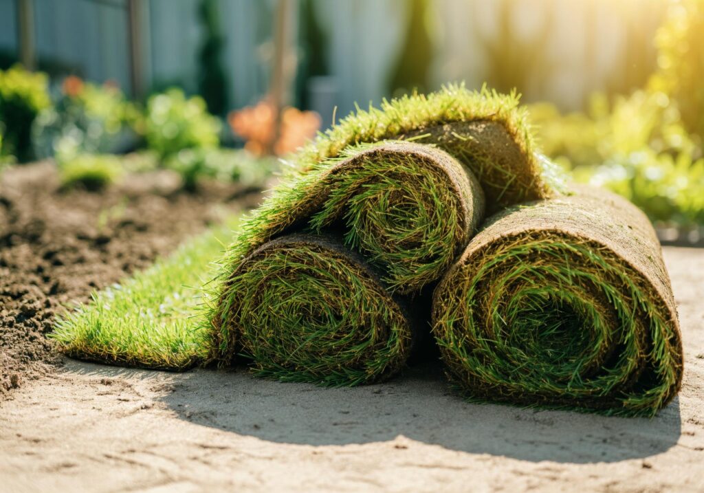A roll of artificial grass from Monarch Sod is laid out flat on the ground, showcasing its green texture and appearance.