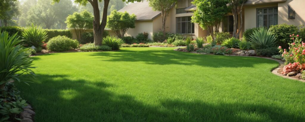 Lush green lawn with healthy grass and trees in the background, showcasing Monarch Sod's vibrant landscape.