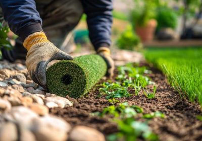 installation-service A man installs a roll of artificial grass from Monarch Sod into the ground, enhancing the landscape with synthetic turf.